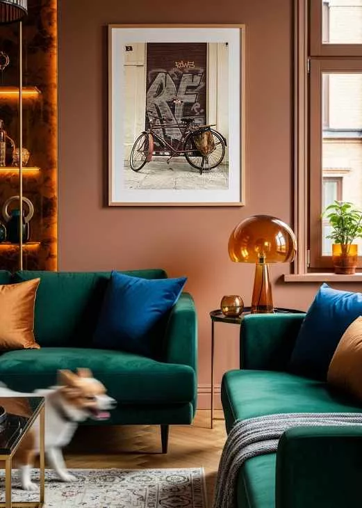 Livingroom with dog and poster wall art